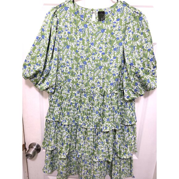 Code Mode Green Floral Tiered Ruffle Fary Tale Dress Puff Sleeves Size S - Picture 2 of 9